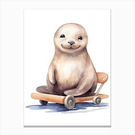 Baby Seal On A Toy Car, Watercolour Nursery 1 Canvas Print