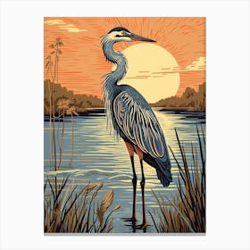 Vintage Bird Linocut Great Blue Heron 6 Canvas Print