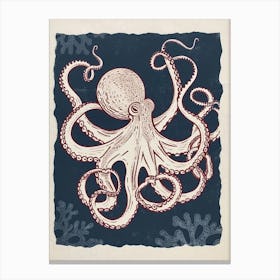 Navy Blue & Red Linocut Inspired Octopus 3 Canvas Print