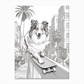 Shetland Sheepdog (Sheltie) Dog Skateboarding Line Art 3 Canvas Print