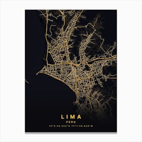 Lima Peru Black And Gold Map Canvas Print