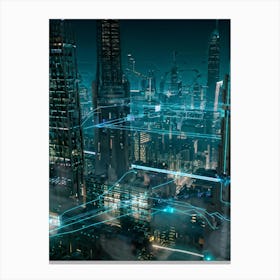 A Futuristic Cityscape Interconnected By Glowing Cyber Security Mesh Networks Represented By Pulsat Canvas Print