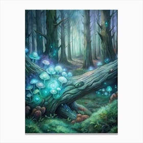 A Glowing Depiction Of Bioluminescent Fungi On A F Canvas Print