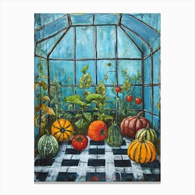 Vegetables In The Greenhouse Blue Checkerboard Canvas Print