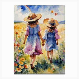 Watercolor Rainbow Children Play in the Meadow on a Summer's Day - Colorful Watercolour of Girls Playing in Pretty Dresses Carefree Perfect Painting - Happiness Joy Butterflies Flowers, Botanical Mama Gallery Wall Artwork Floral Joyful Beautiful 1 Canvas Print