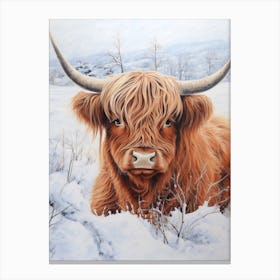 Traditional Watercolour Illustration Of Highland Cow In The Snowy Field 3 Canvas Print