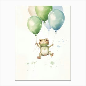 Baby Frog Flying With Ballons, Watercolour Nursery Art 2 Canvas Print