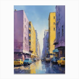 Colored Painting Of A Cityscape,Indigo And Yellow,Purple (28) Canvas Print