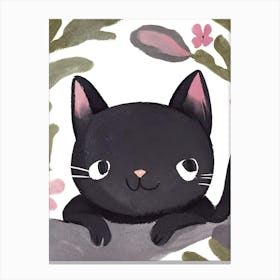 Black Cat In A Tree Cute Illustration Canvas Print