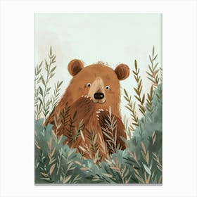 Brown Bear Hiding In Bushes Storybook Illustration 1 Canvas Print