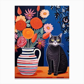 Anemone Flower Vase And A Cat, A Painting In The Style Of Matisse 2 Canvas Print