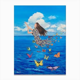 Woman Made of Butterflies Surreal Blue Sky And Ocean Canvas Print