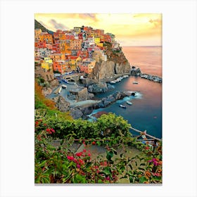 Lluminated Manarola Town By Sea Against Sky During Sunset Canvas Print