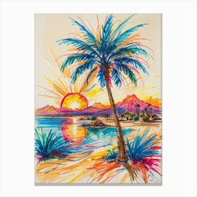 Palm Tree At Sunset with lines Canvas Print
