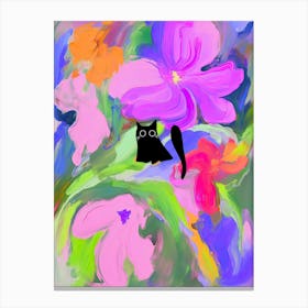 Black Cat Between Oil Painted Flower Canvas Print