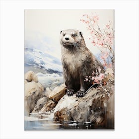 Otter, Japanese Brush Painting, Ukiyo E, Minimal 3 Canvas Print
