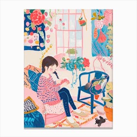 Girl Knitting Lo Fi Kawaii Illustration 1 Canvas Print