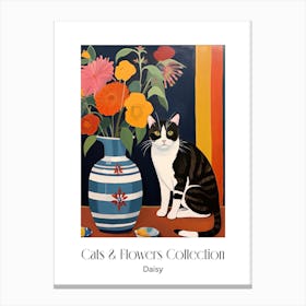 Cats & Flowers Collection Daisy Flower Vase And A Cat, A Painting In The Style Of Matisse 0 Canvas Print