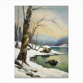 Ancient landscapes, old winter oil paintings and rocks around the lake bank. Snow is falling on the lake, old colors.6 2 Canvas Print