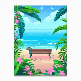 Beach Scene With Bench And Flowers Canvas Print