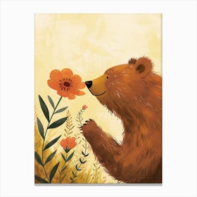 Brown Bear Sniffing A Flower Storybook Illustration 4 Canvas Print