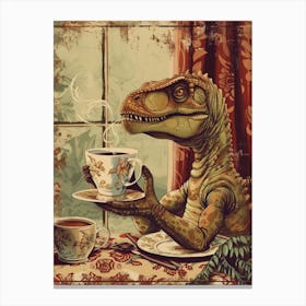Dinosaur Drinking Coffee Retro Collage 1 Canvas Print