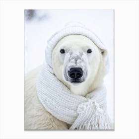 Close Up Of A Fluffy White Polar Bear Cub Donned In A Handcrafted Knit Cap And Scarf Its Innocence Canvas Print