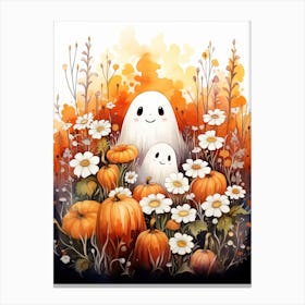 Cute Bedsheet Ghost, Botanical Halloween Watercolour 59 Canvas Print