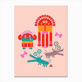 MONSTERS AND THEIR PETS Cute Kawaii Funny Alien Monsters with Pets Bones and Poo in Vintage Colours Kids Canvas Print