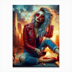 Girl With Leather Jacket And A Glass Of Wine 3 Canvas Print