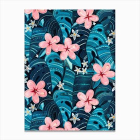 Midnight Tropical Floral In Cyan And Pink Canvas Print