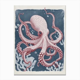 Retro Linocut Inspired Red & Navy Octopus 2 Canvas Print