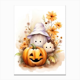 Cute Ghost With Pumpkins Halloween Watercolour 7 Canvas Print