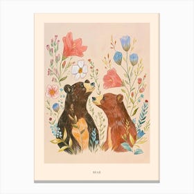 Folksy Floral Animal Drawing Bear Poster Canvas Print