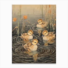 Ducklings Swimming In The Water Japanese Woodblock Style 3 Canvas Print