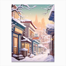 Vintage Winter Travel Illustration Seoul South Korea 3 Canvas Print