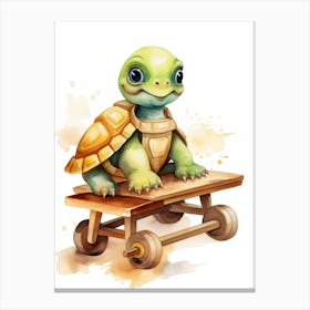 Baby Turtle On A Toy Car, Watercolour Nursery 2 Canvas Print
