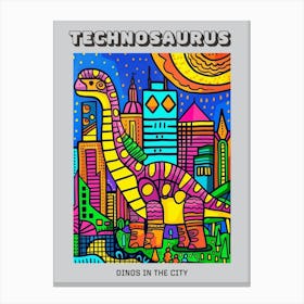 Cute Geometric Dinosaur Cityscape Abstract Illustration Poster Canvas Print