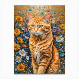 Klimt Style Ginger Orange Tabby Cat in Colorful Garden Flowers Meadow Gold Leaf Painting - Gustav Klimt and Monet Inspired Textured Acrylic Palette Knife Art Daisies Poppies Amongst Wildflowers Beautiful HD High Resolution Canvas Print