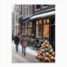 Amsterdam cafes, winter season, Christmas, autumn oil colors, pale colors, pedestrians in the street, winter clothes, falling snow.8 2 Lienzo