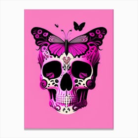 Skull With Butterfly Motifs 1 Pink Mexican Canvas Print