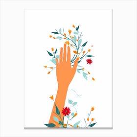 Hand Reaching For Flowers, flower portrait, hand and flowers, orange flowers, flowers and vines, digital art, vector art 1 Canvas Print