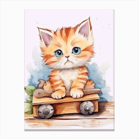 Kitten On Toy Car, Watercolour Nursery 0 Canvas Print