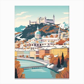 Vintage Winter Travel Illustration Salzburg Austria 2 Canvas Print