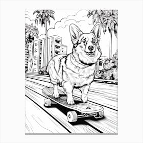 Corgi Dog Skateboarding Line Art 1 Canvas Print
