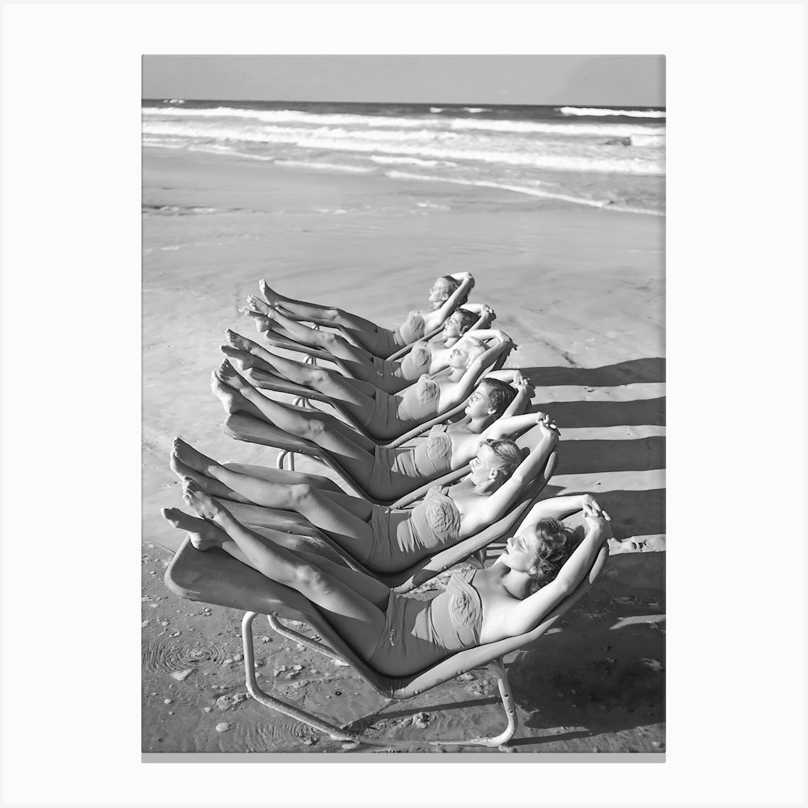 Day At The Beach, Women Relaxing in Lounge Chairs, Vintage Black and White Old Photo Canvas Print by Vibrant Vintage