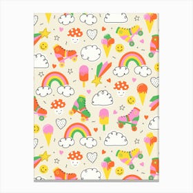 Happy 90s Groovy Pop Art Scattered Symbols Kids Canvas Print