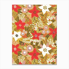 Poinsettia Flowers and Christmas Florals on Ochre Yellow Canvas Print