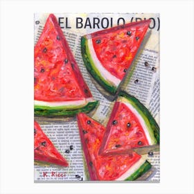 Red Watermelon Slices On Newspaper Minimal Food Kitchen Fruit Painting  Canvas Print