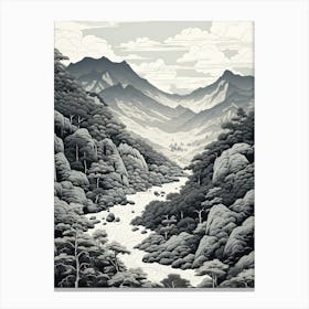 Aso Kuju National Park In Kumamoto, Ukiyo E Black And White Line Art Drawing 4 Canvas Print